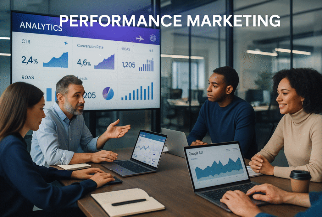 A performance marketing team analyzing ad campaigns and SEO results on large screens at a modern agency office - Autogrow portfolio showcase
